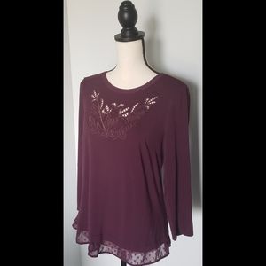 Daniel Rainn Longsleeve Embroidered Top Burgundy